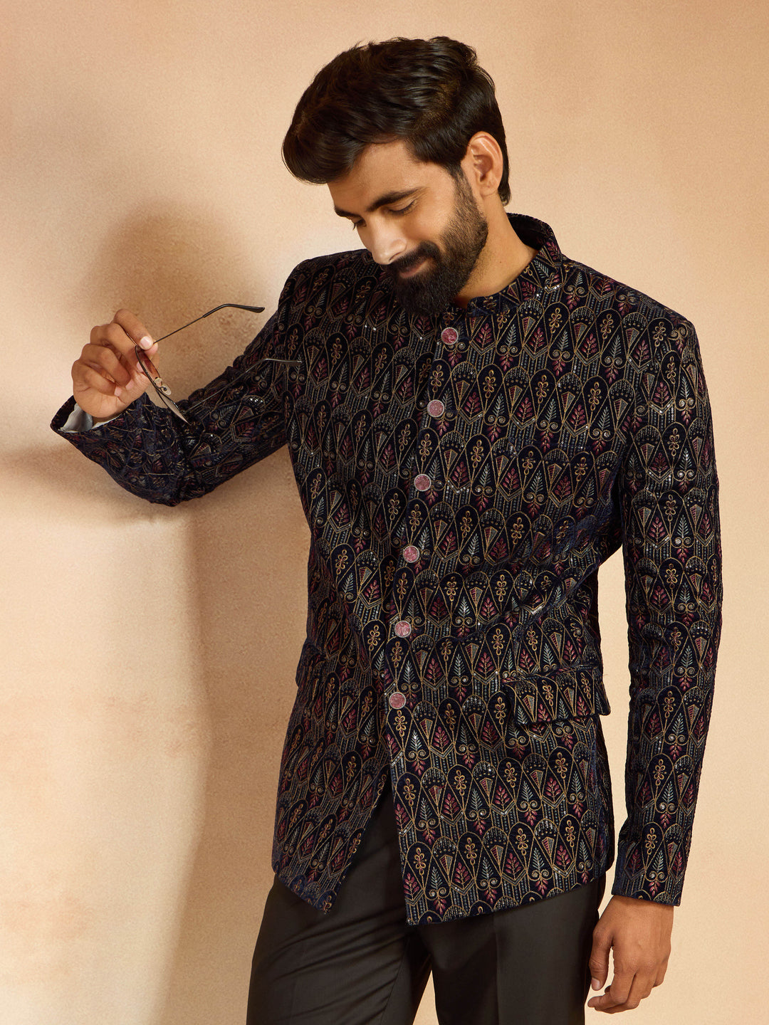 Men's Navy Blue Velvet Sequin Embroidered Jodhpuri