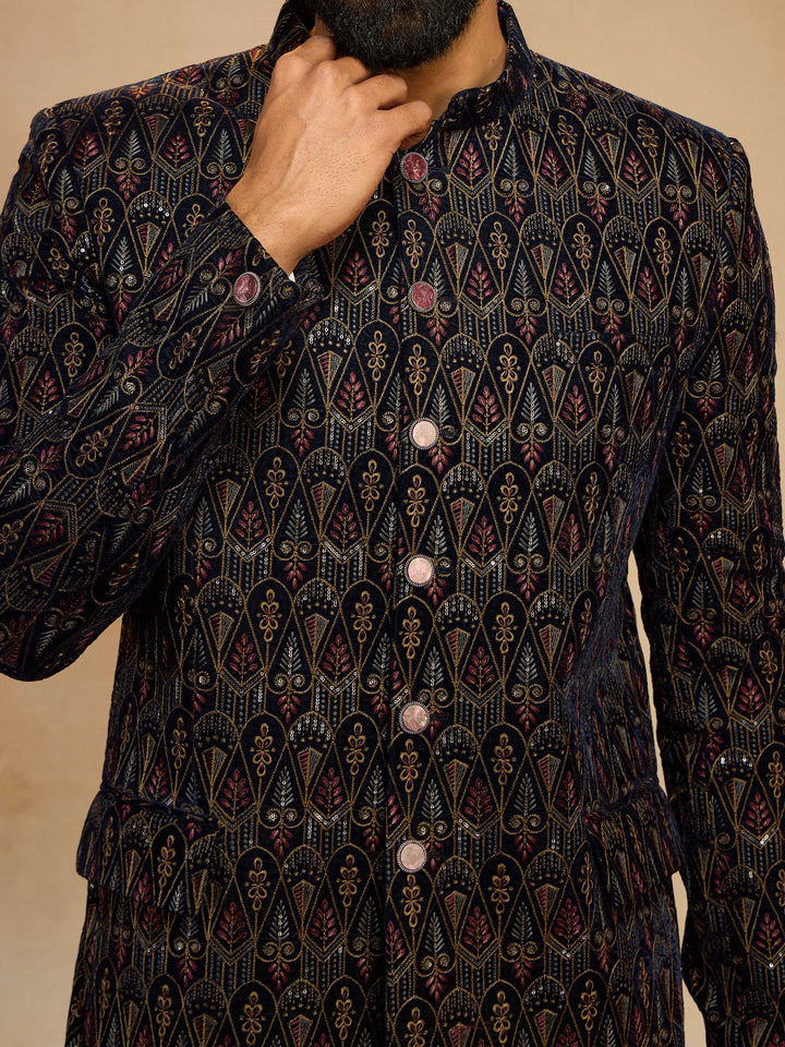 Men's Navy Blue Velvet Sequin Embroidered Jodhpuri - view 2