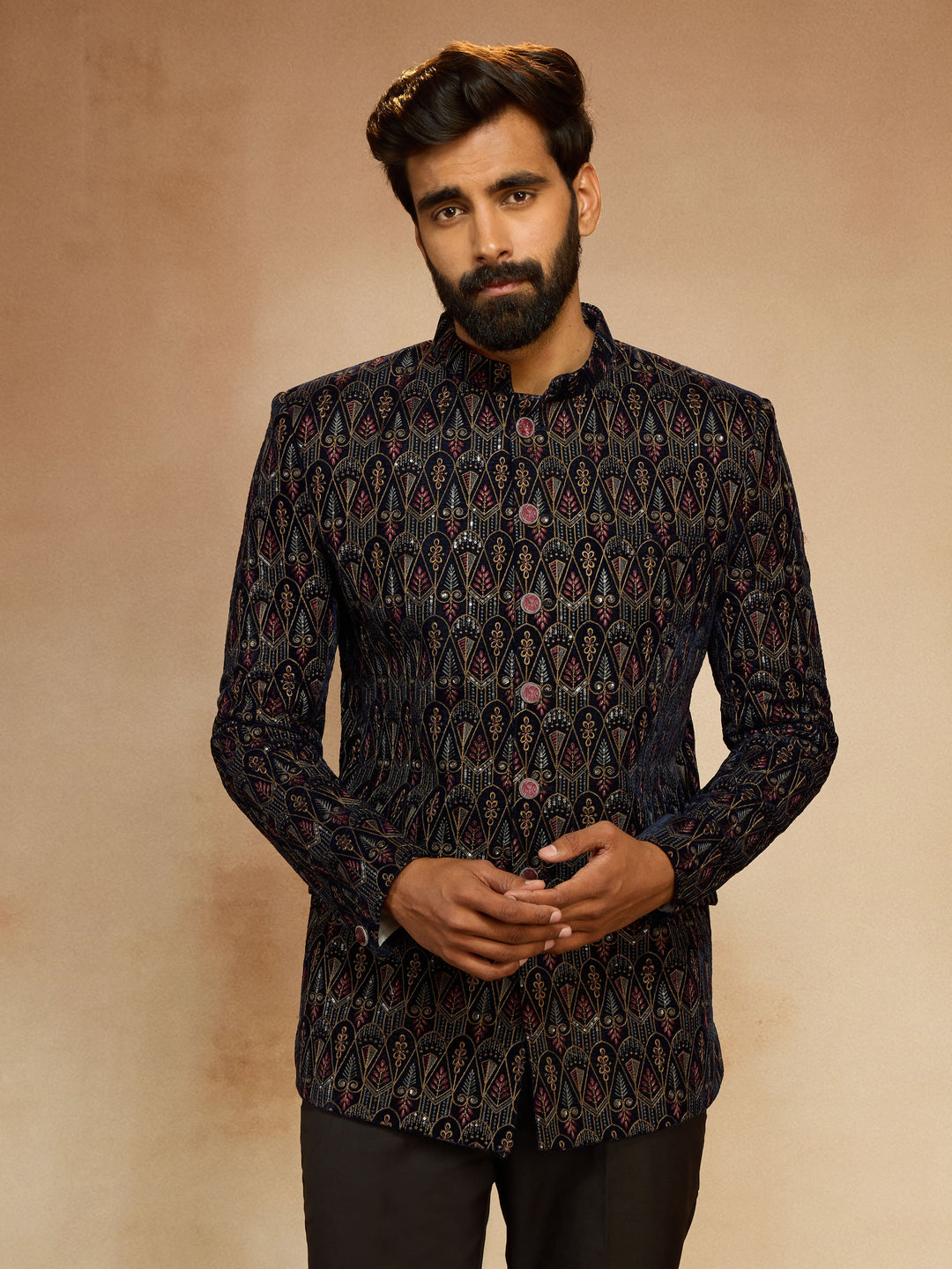 Men's Navy Blue Velvet Sequin Embroidered Jodhpuri - view 4