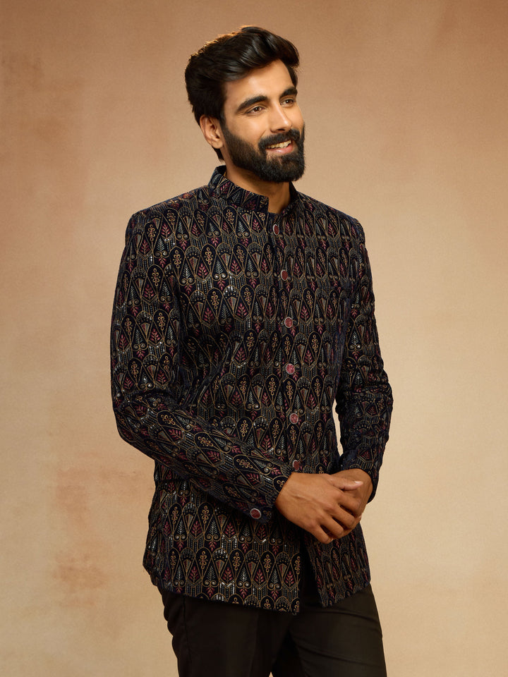 Men's Navy Blue Velvet Sequin Embroidered Jodhpuri - view 3