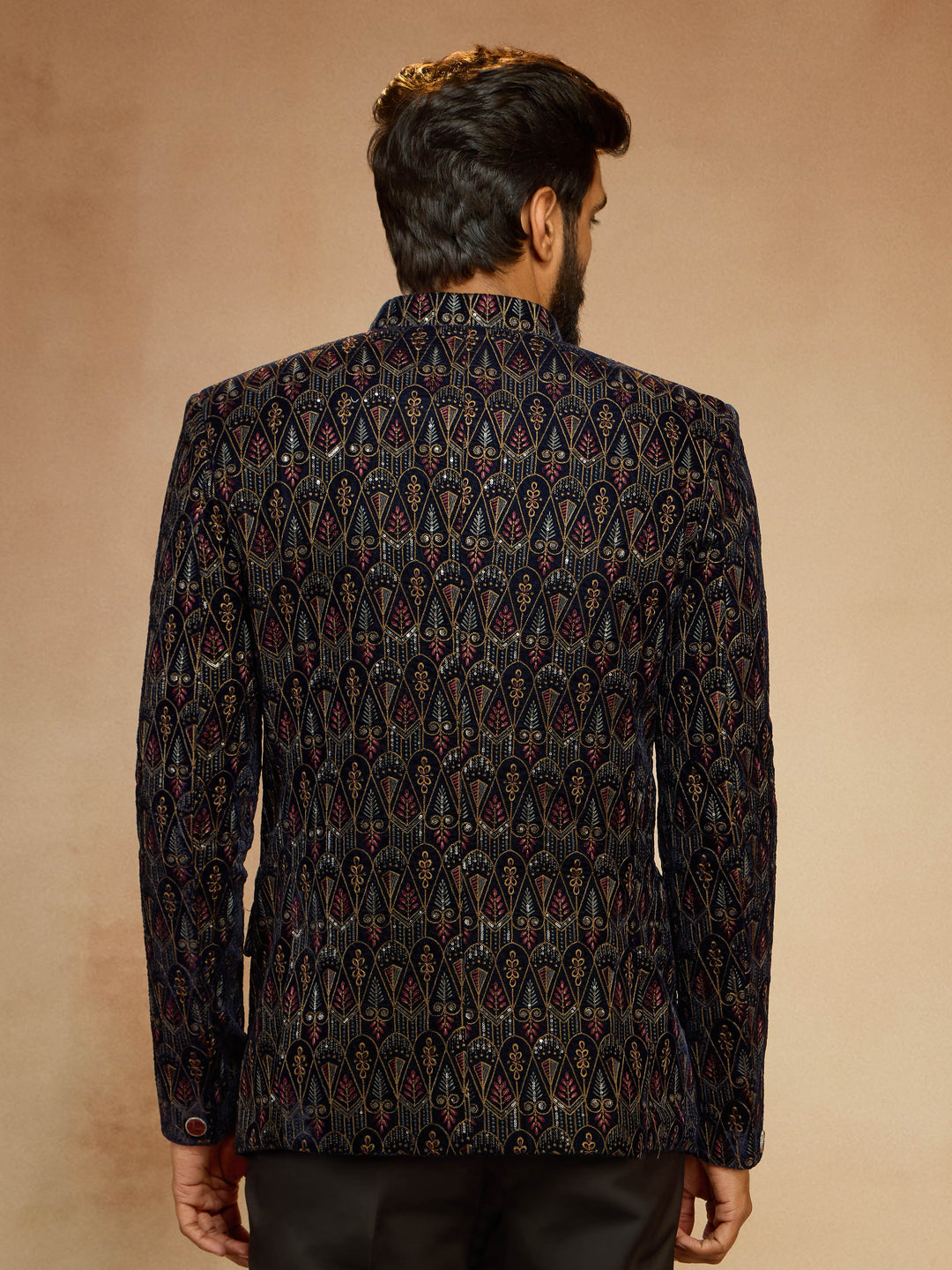 Men's Navy Blue Velvet Sequin Embroidered Jodhpuri - view 5