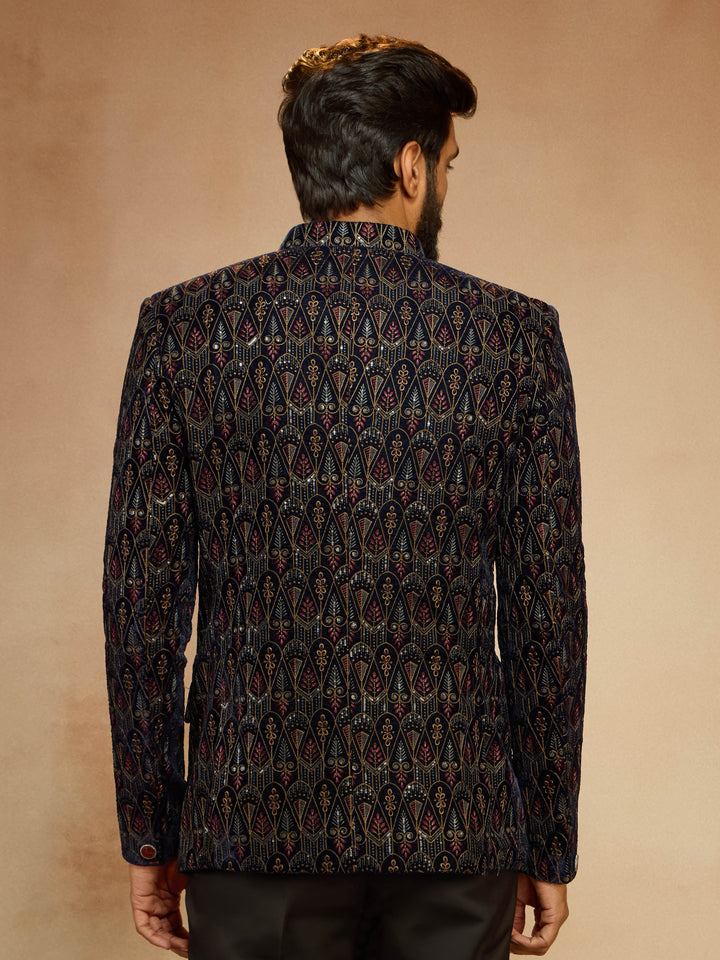Men's Navy Blue Velvet Sequin Embroidered Jodhpuri - view 5