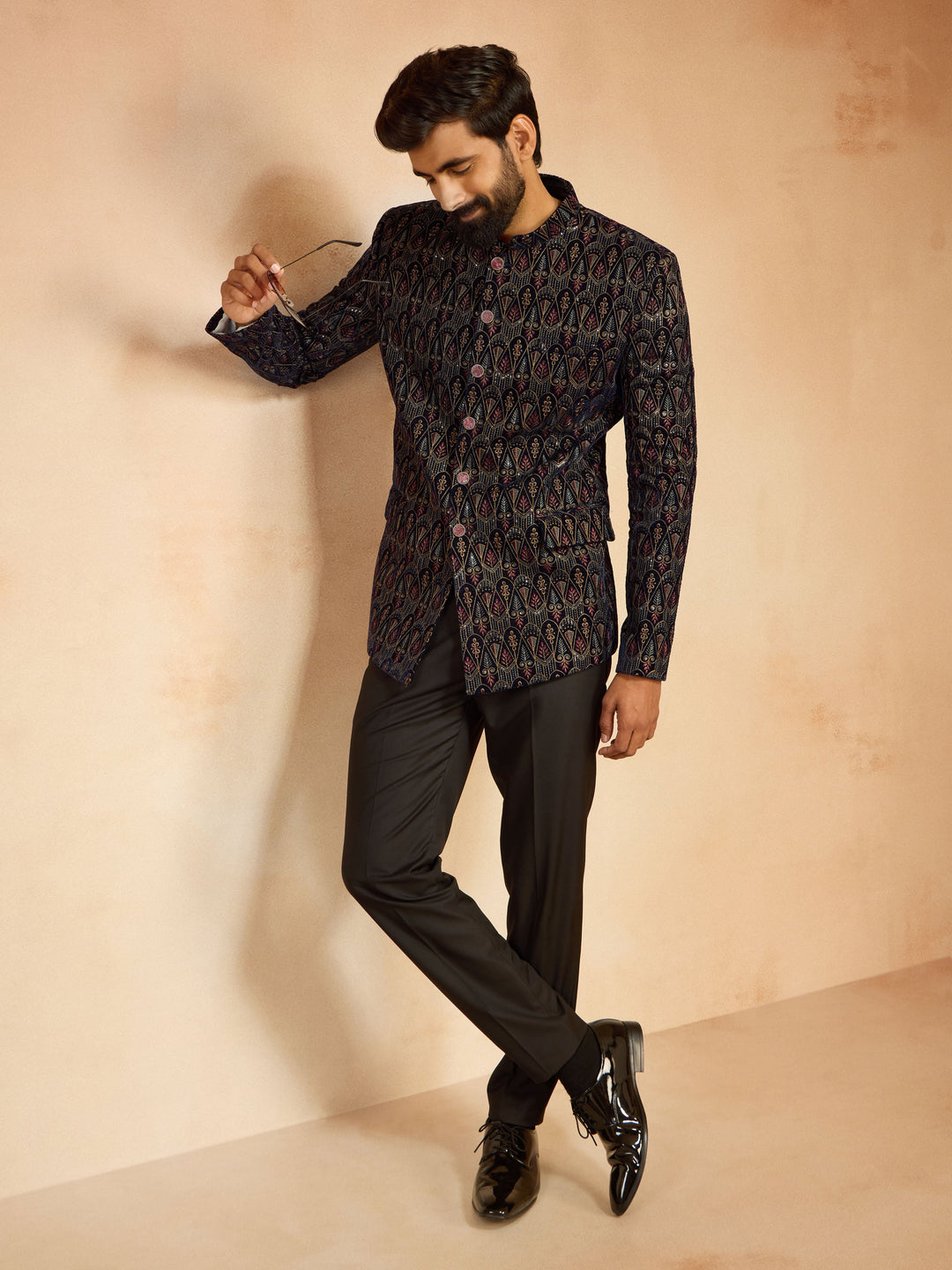 Men's Navy Blue Velvet Sequin Embroidered Jodhpuri - view 6