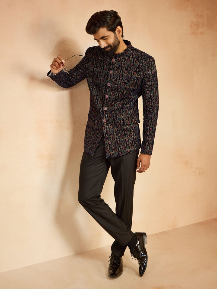 Men's Navy Blue Velvet Sequin Embroidered Jodhpuri - view 6