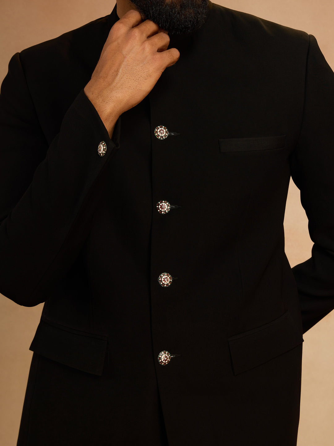 Men's Black Solid Imported Suiting Jodhpuri Suit - view 2