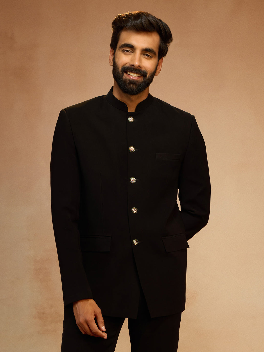 Men's Black Solid Imported Suiting Jodhpuri Suit - view 3