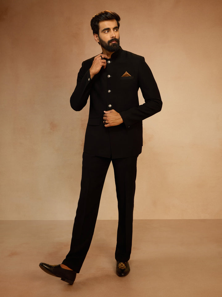 Men's Black Solid Imported Suiting Jodhpuri Suit - view 6