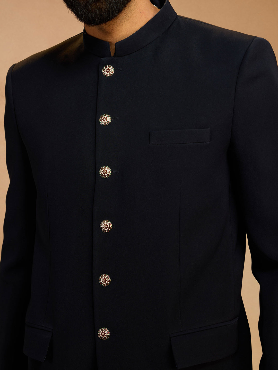 Men's Navy Blue Solid Imported Suiting Jodhpuri Suit - view 2