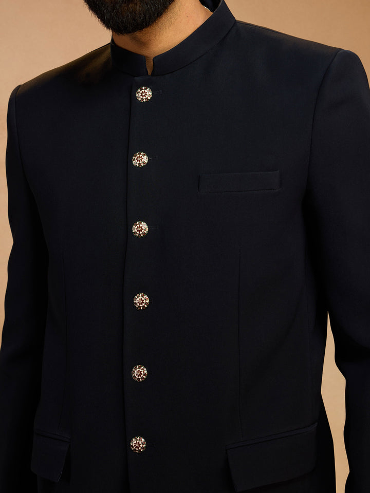 Men's Navy Blue Solid Imported Suiting Jodhpuri Suit - view 2