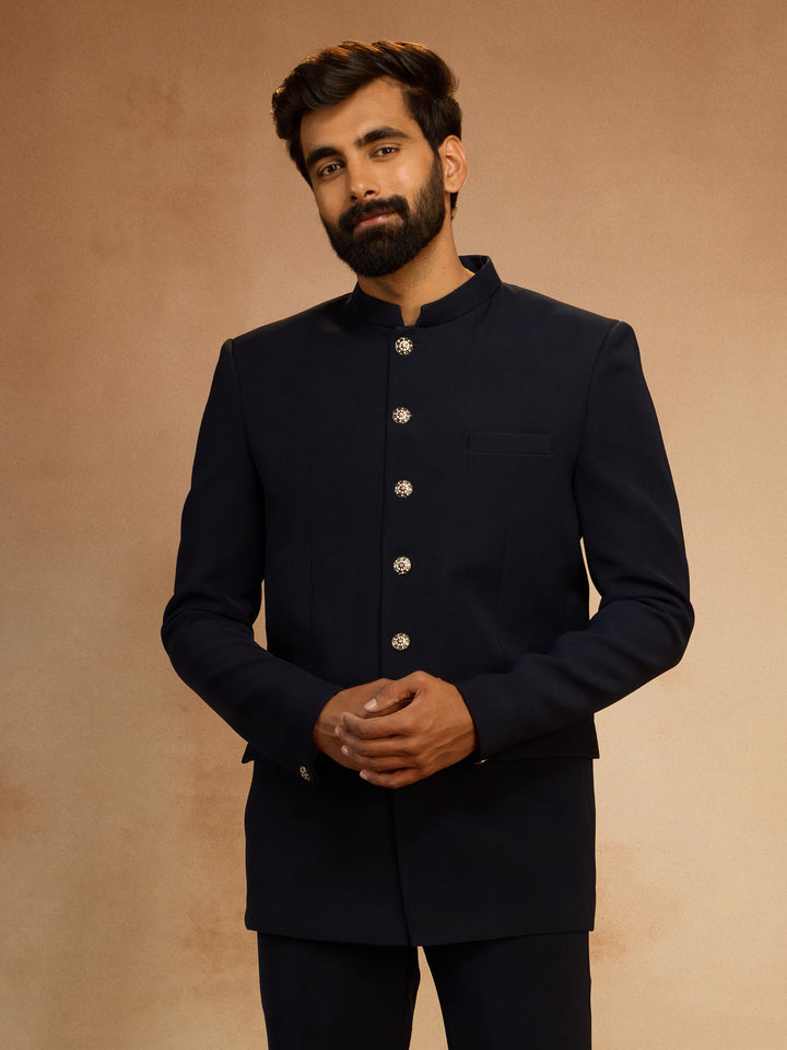Men's Navy Blue Solid Imported Suiting Jodhpuri Suit - view 4