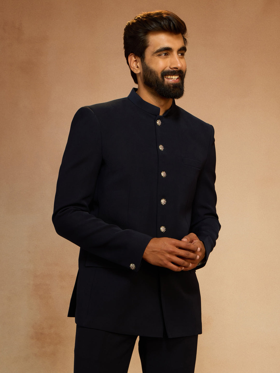 Men's Navy Blue Solid Imported Suiting Jodhpuri Suit - view 3