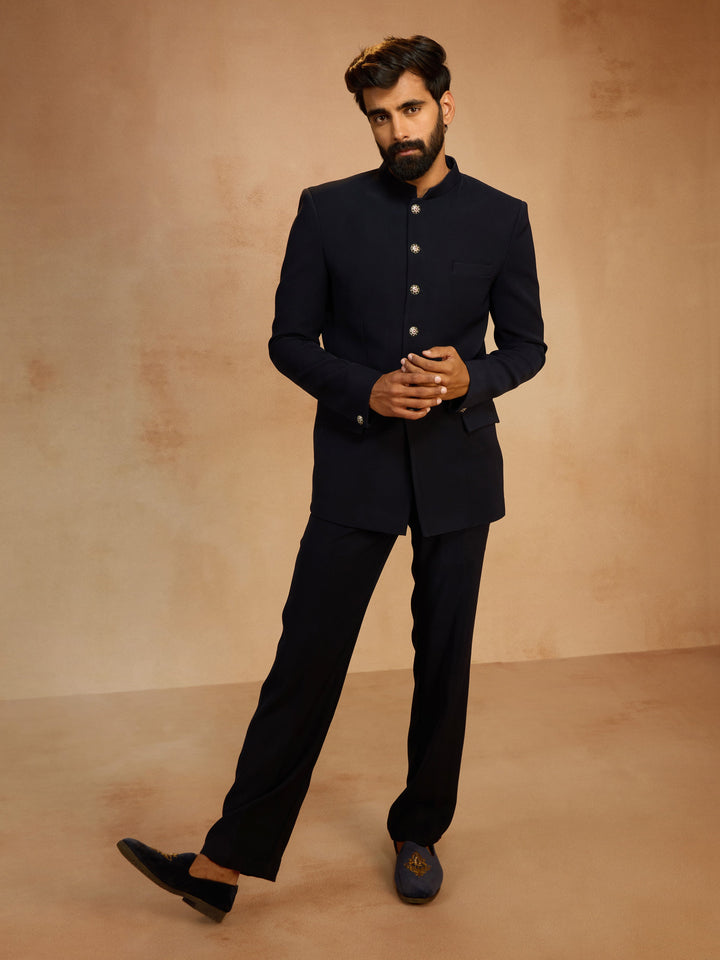 Men's Navy Blue Solid Imported Suiting Jodhpuri Suit - view 6