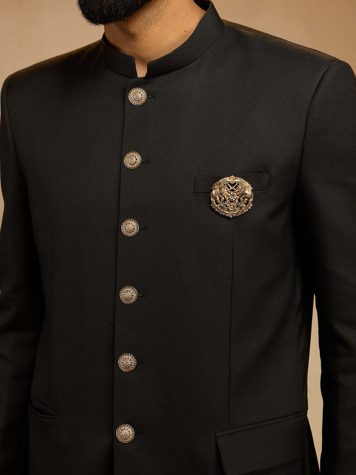 Men's Black Solid Jodhpuri Suit with Brooch Detail in Imported Suiting Lycra - view 2