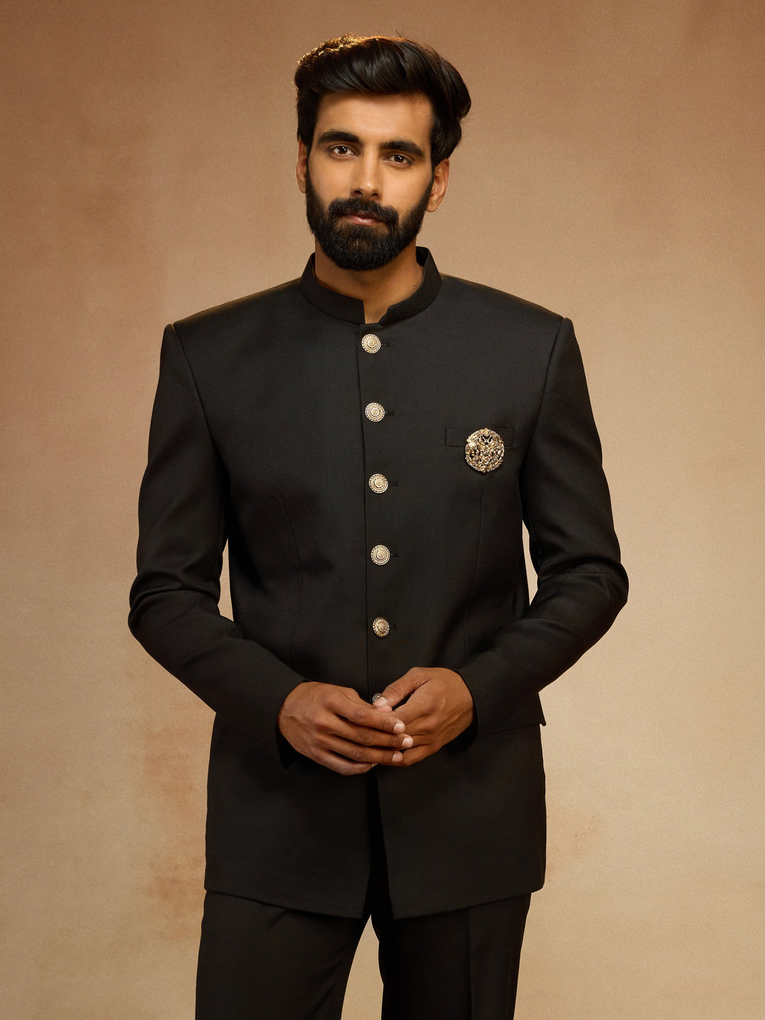Men's Black Solid Jodhpuri Suit with Brooch Detail in Imported Suiting Lycra - view 3