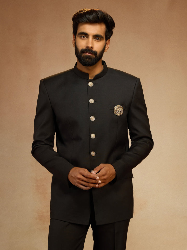 Men's Black Solid Jodhpuri Suit with Brooch Detail in Imported Suiting Lycra - view 3
