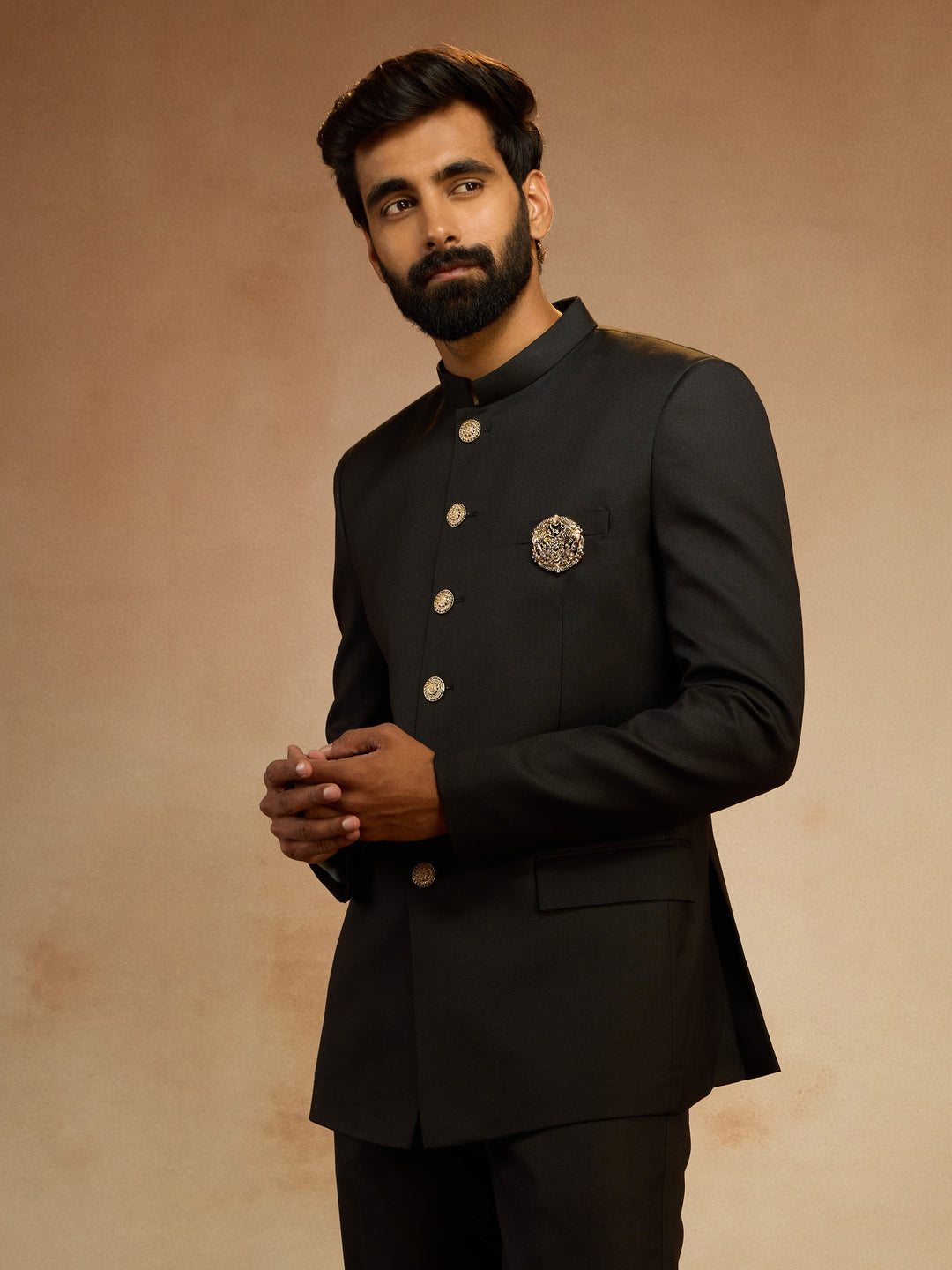 Men's Black Solid Jodhpuri Suit with Brooch Detail in Imported Suiting Lycra - view 4