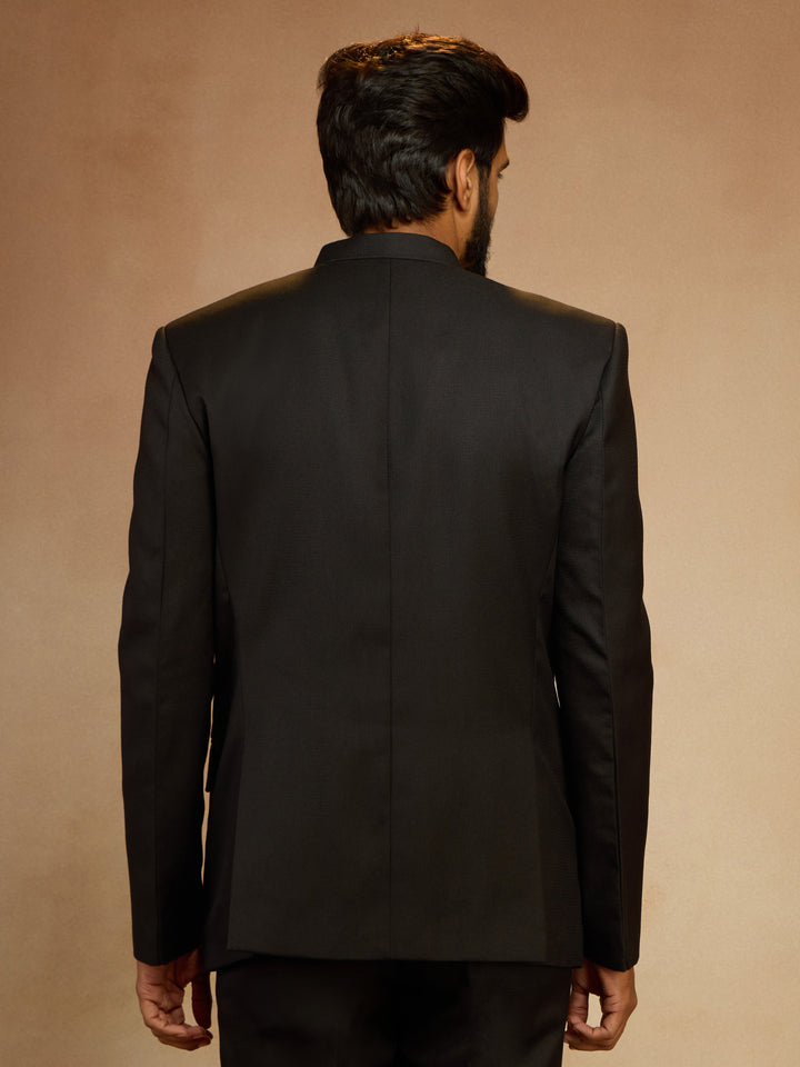 Men's Black Solid Jodhpuri Suit with Brooch Detail in Imported Suiting Lycra - view 5