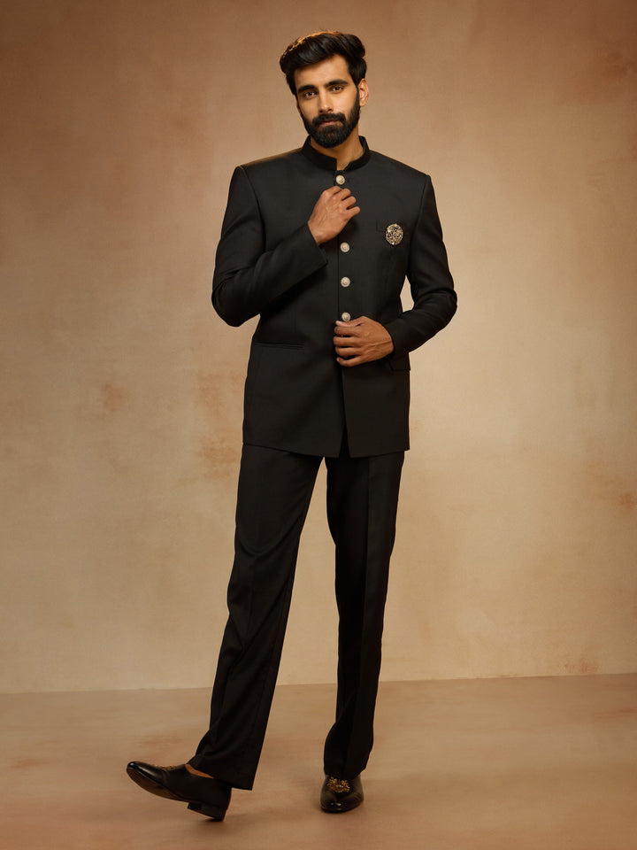 Men's Black Solid Jodhpuri Suit with Brooch Detail in Imported Suiting Lycra - view 6