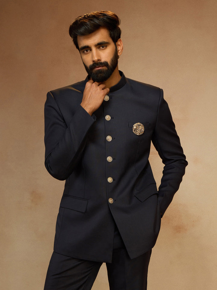 Men's Navy Blue Solid Jodhpuri Suit with Brooch Detail in Imported Suiting Lycra