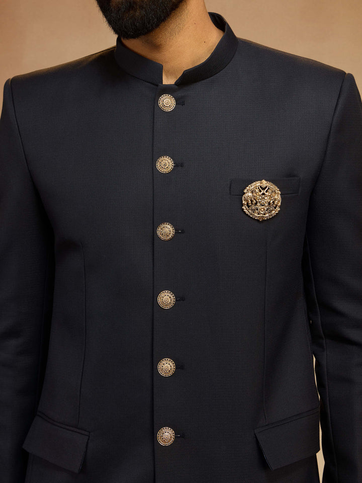 Men's Navy Blue Solid Jodhpuri Suit with Brooch Detail in Imported Suiting Lycra - view 2