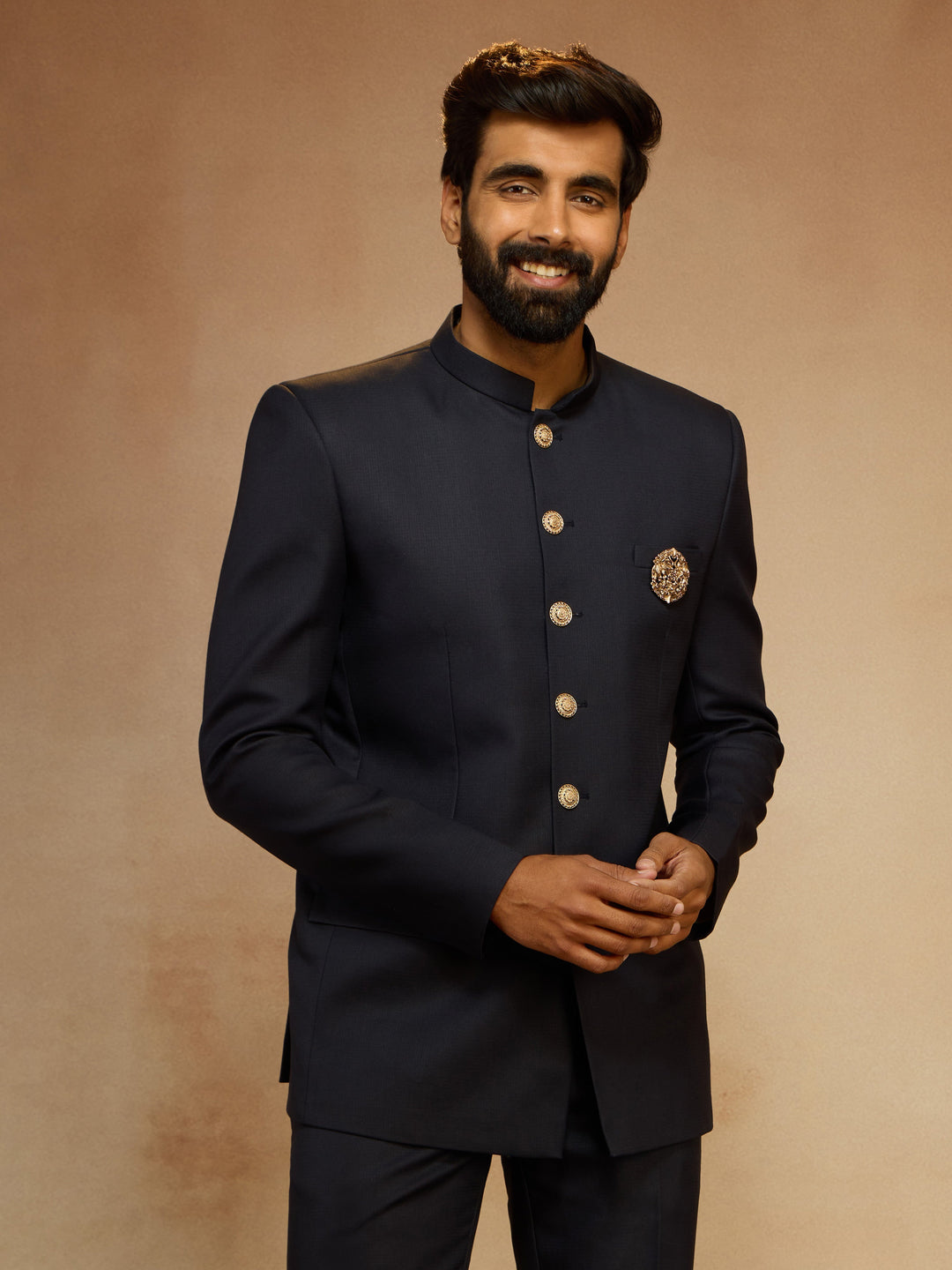 Men's Navy Blue Solid Jodhpuri Suit with Brooch Detail in Imported Suiting Lycra - view 3