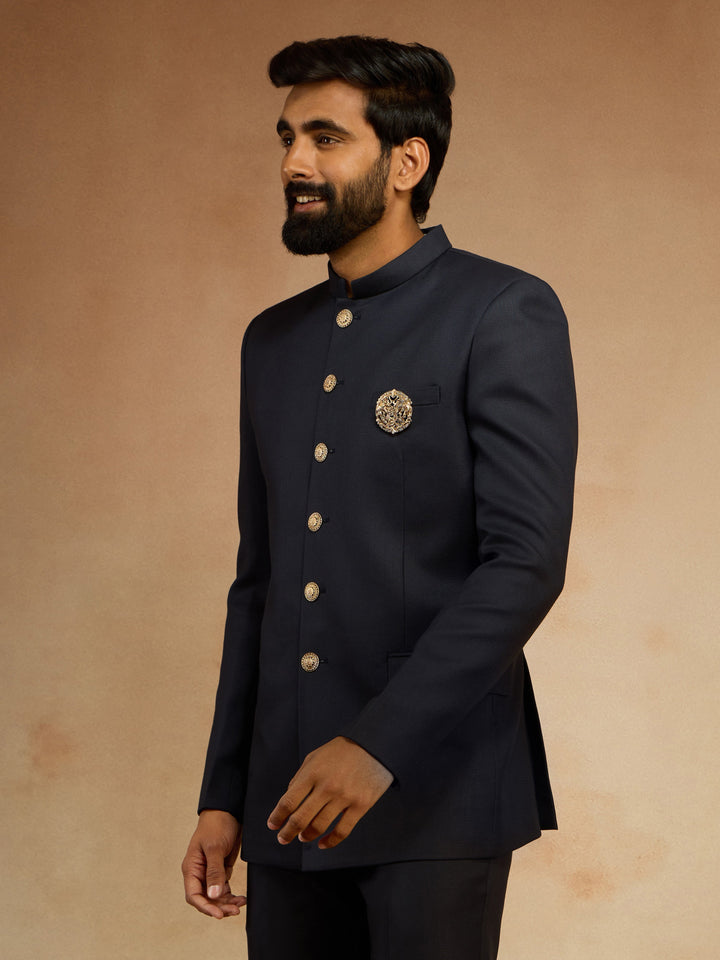 Men's Navy Blue Solid Jodhpuri Suit with Brooch Detail in Imported Suiting Lycra - view 4