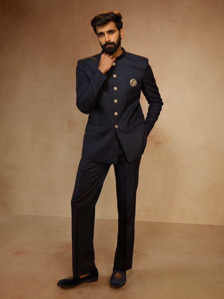 Men's Navy Blue Solid Jodhpuri Suit with Brooch Detail in Imported Suiting Lycra - view 6
