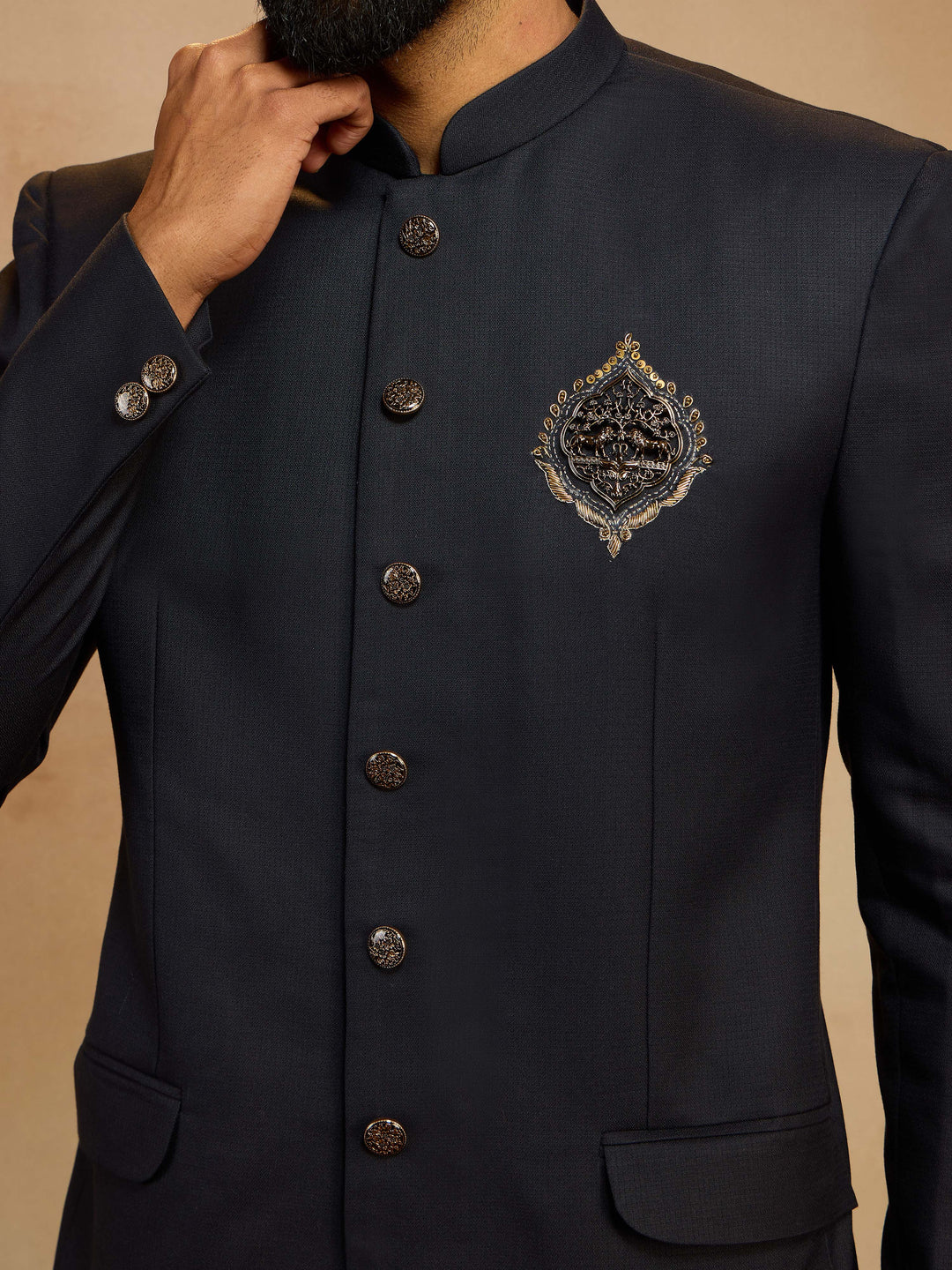 Men's Navy Blue Zardozi Sequin Embroidered Imported Suiting Lycra Jodhpuri - view 2