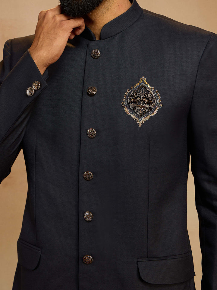 Men's Navy Blue Zardozi Sequin Embroidered Imported Suiting Lycra Jodhpuri - view 2