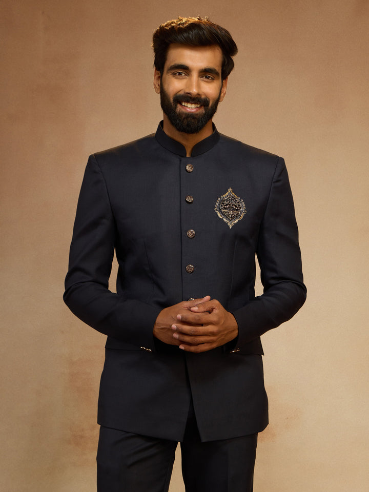 Men's Navy Blue Zardozi Sequin Embroidered Imported Suiting Lycra Jodhpuri - view 3