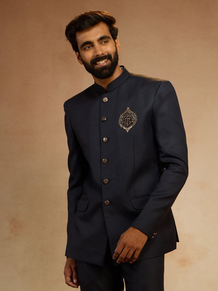 Men's Navy Blue Zardozi Sequin Embroidered Imported Suiting Lycra Jodhpuri - view 4
