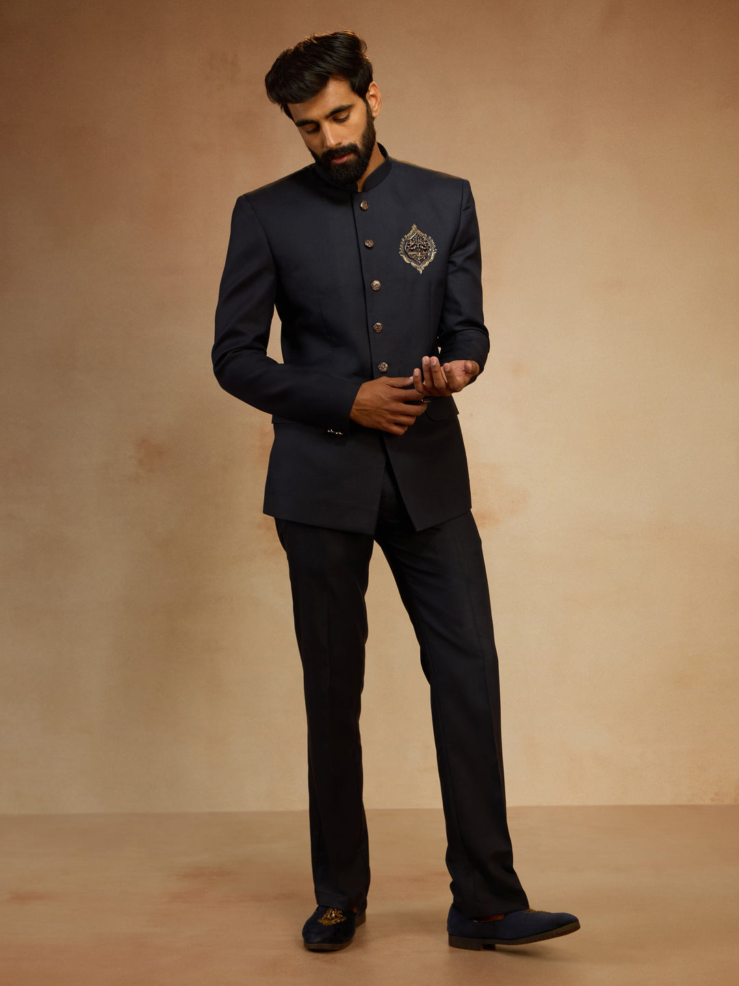 Men's Navy Blue Zardozi Sequin Embroidered Imported Suiting Lycra Jodhpuri - view 6