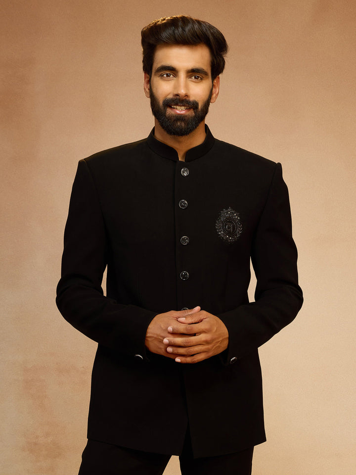 Men's Black Silk Bead Embroidered Ethnic Motif Full Sleeve Jodhpuri Jacket
