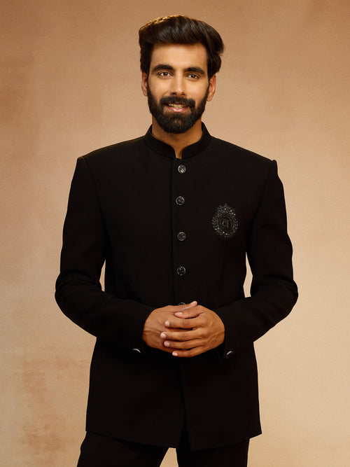 Men's Black Silk Bead Embroidered Ethnic Motif Full Sleeve Jodhpuri Jacket