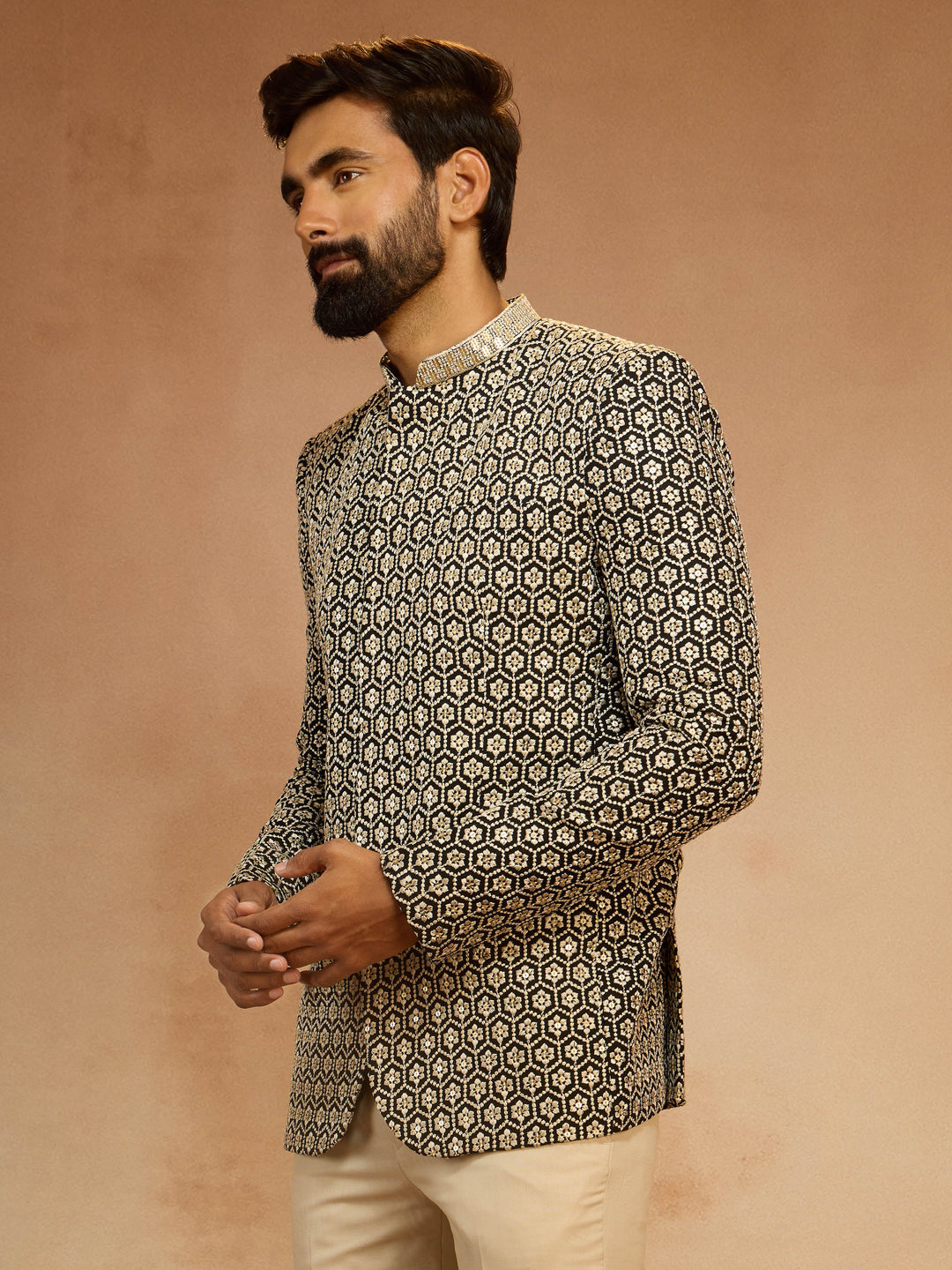 Men's Black Sequin Embroidered Jodhpuri Jacket - view 3