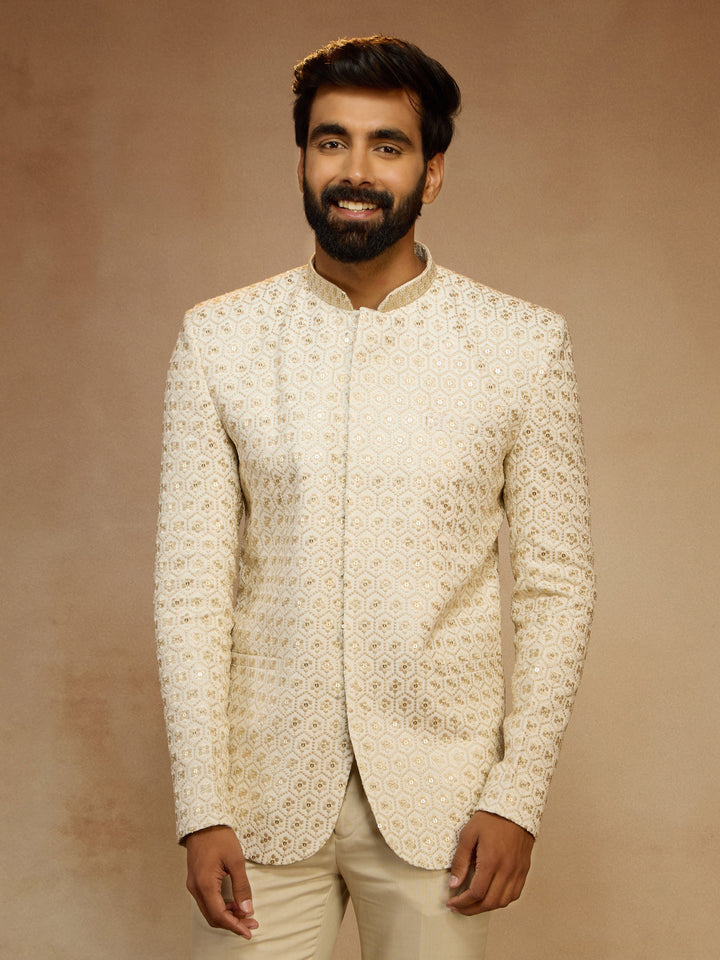 Men's Off White Sequin Embroidered Jodhpuri Jacket