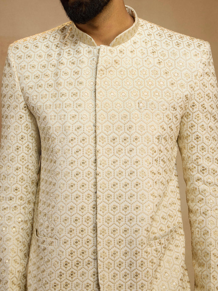Men's Off White Sequin Embroidered Jodhpuri Jacket - view 2