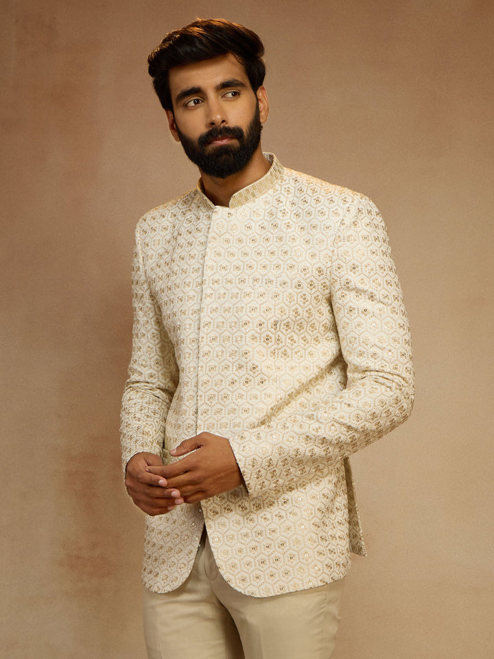 Men's Off White Sequin Embroidered Jodhpuri Jacket - view 3