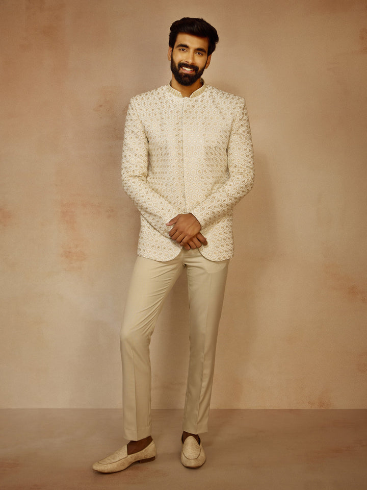Men's Off White Sequin Embroidered Jodhpuri Jacket - view 5