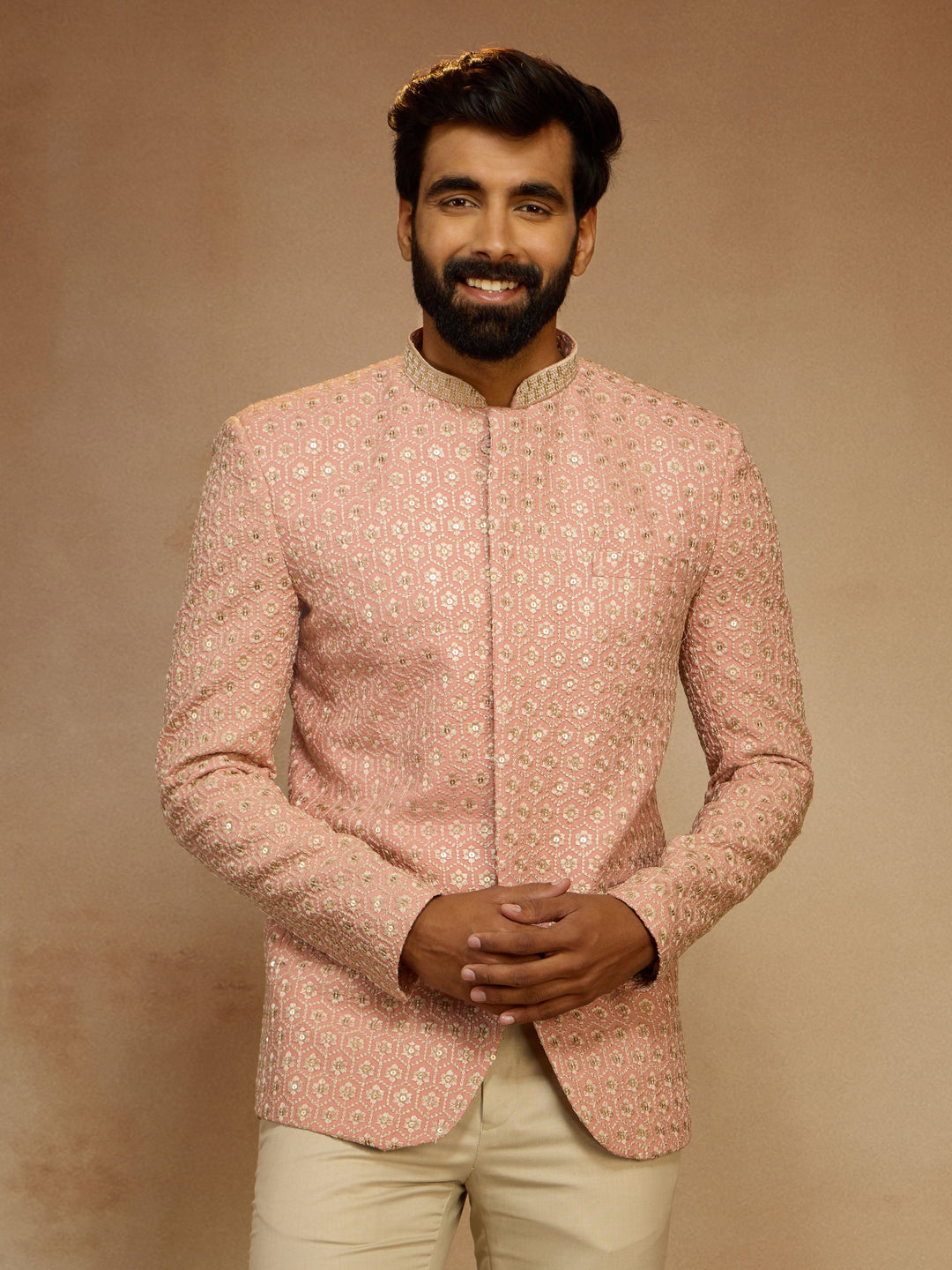 Men's Peach Sequin Embroidered Jodhpuri Jacket