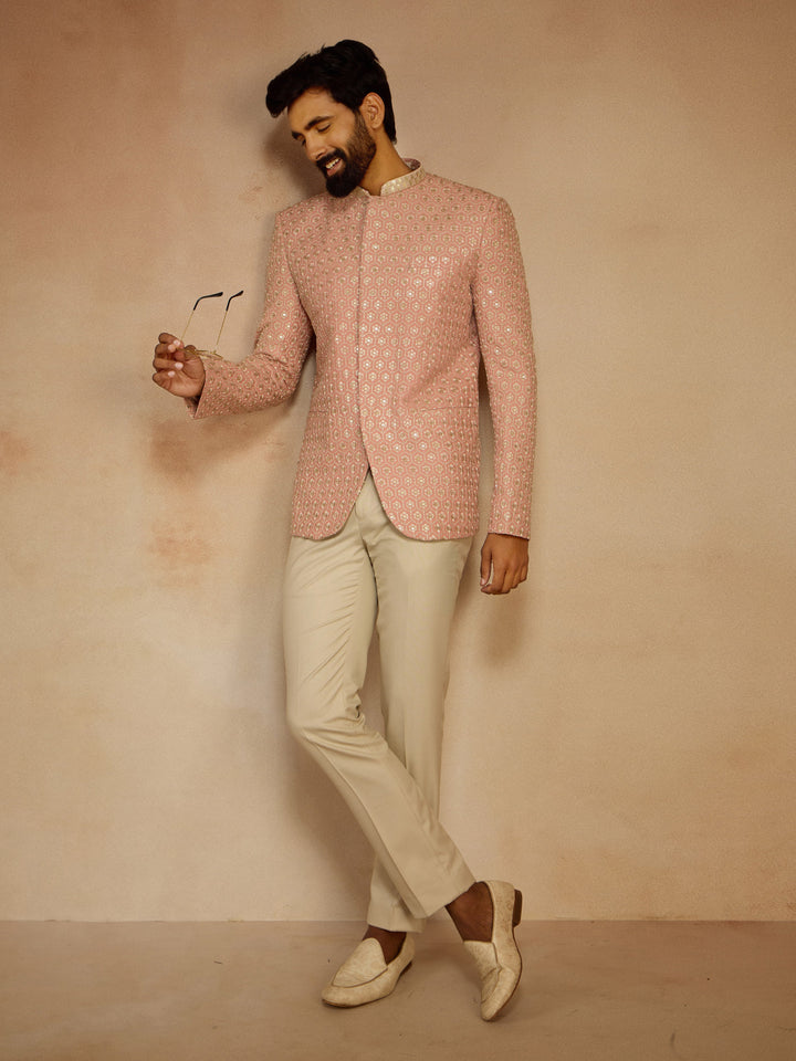 Men's Peach Sequin Embroidered Jodhpuri Jacket - view 5
