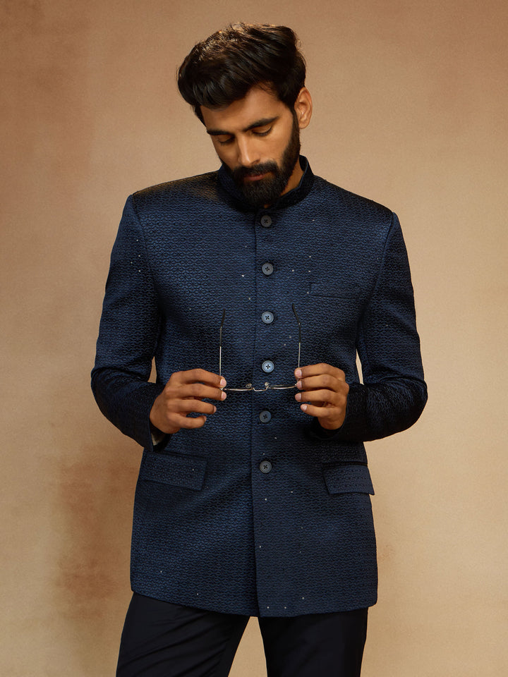 Men's Navy Blue Self-Texture Sequin Embroidery Jodhpuri