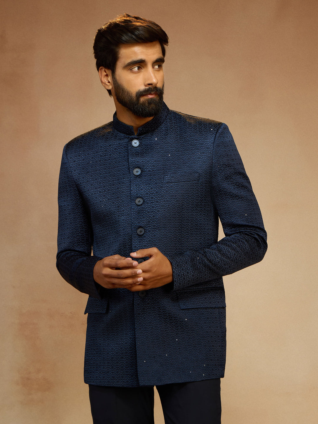Men's Navy Blue Self-Texture Sequin Embroidery Jodhpuri - view 4