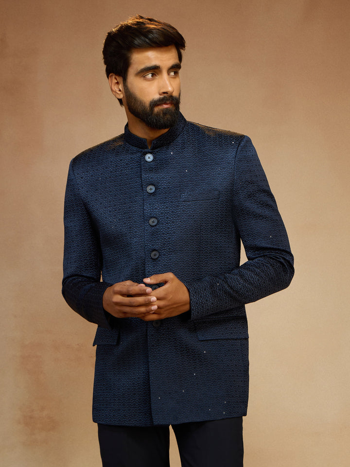 Men's Navy Blue Self-Texture Sequin Embroidery Jodhpuri - view 4