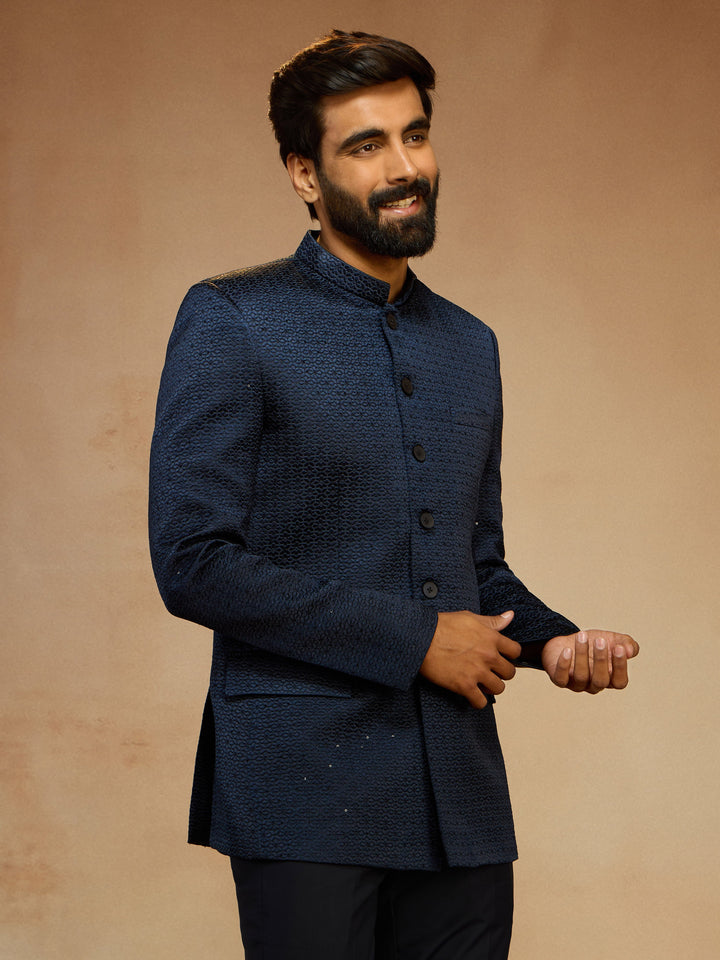 Men's Navy Blue Self-Texture Sequin Embroidery Jodhpuri - view 3