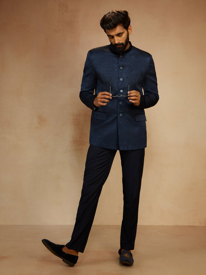 Men's Navy Blue Self-Texture Sequin Embroidery Jodhpuri - view 6