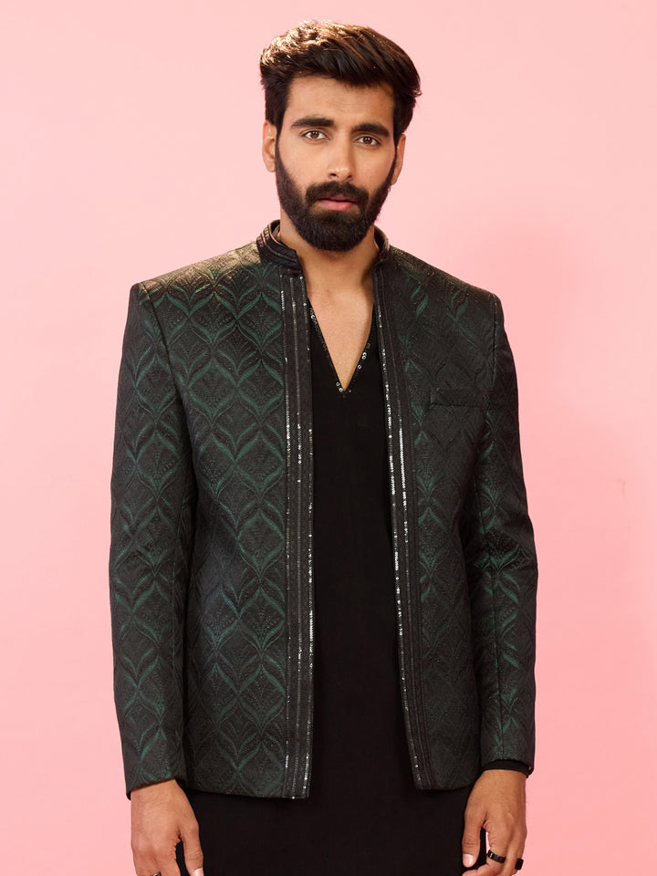 Men's Bottle Green Sequin Embossed Jodhpuri Blazer - view 4