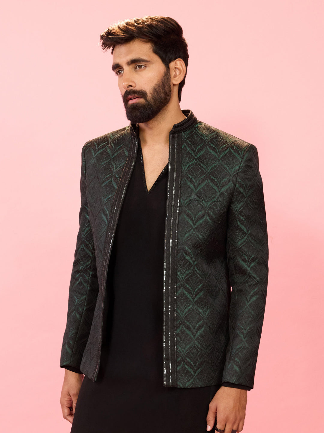 Men's Bottle Green Sequin Embossed Jodhpuri Blazer - view 3
