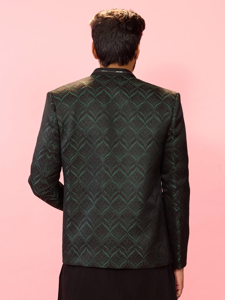 Men's Bottle Green Sequin Embossed Jodhpuri Blazer - view 5