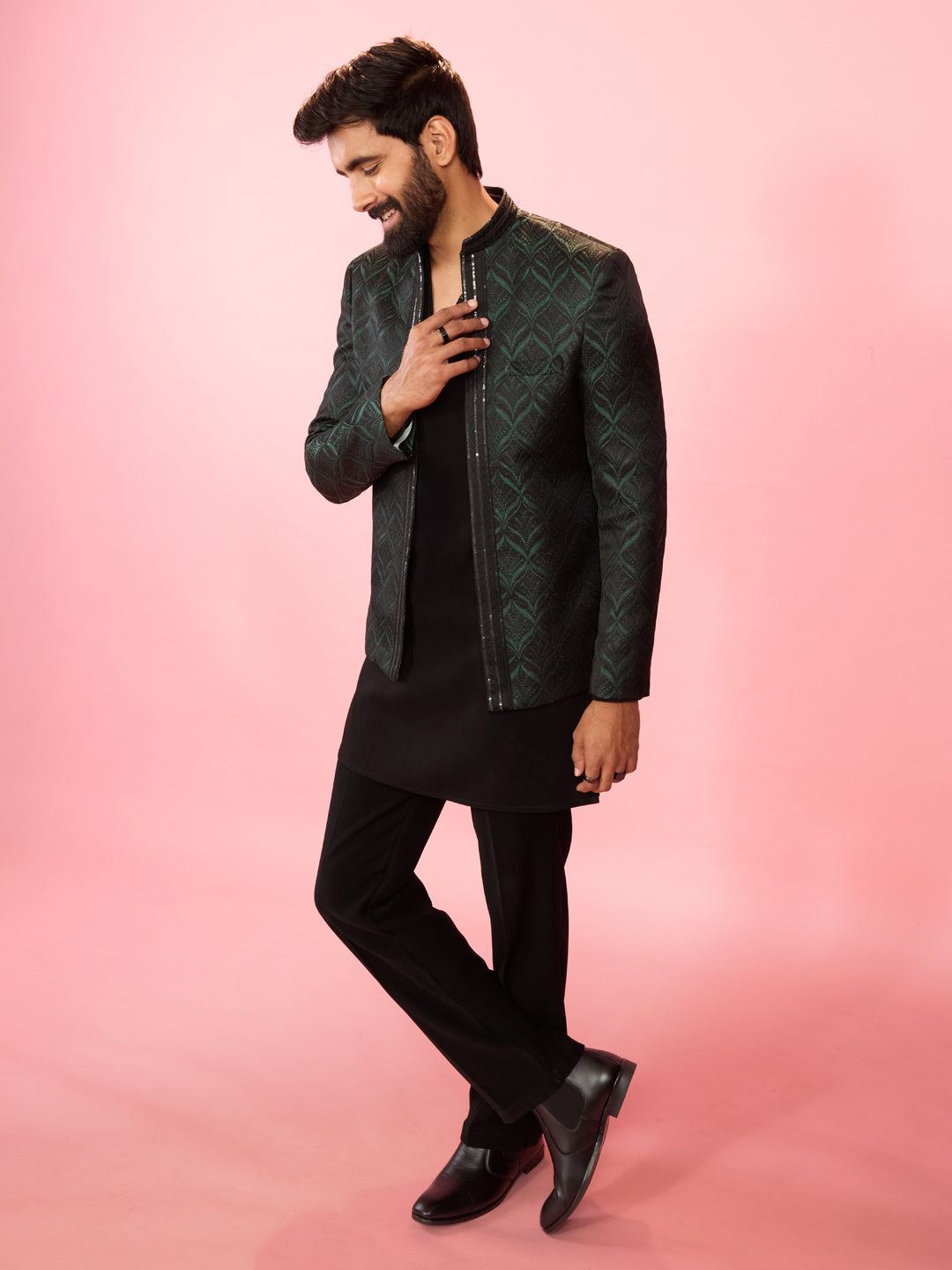 Men's Bottle Green Sequin Embossed Jodhpuri Blazer - view 6